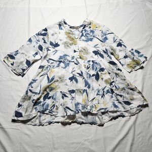 Valentina Naldi Womens Medium Linen Floral Button Shirt Bell Sleeve White Blue